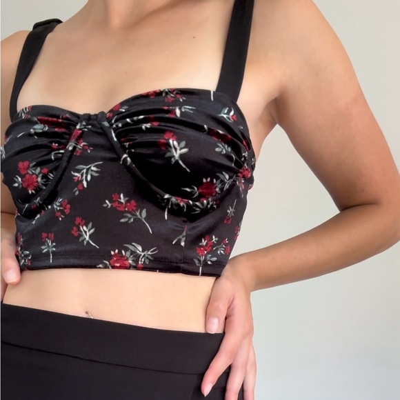 Velvet Black and Red Floral Crop Top - Picture 3 of 7